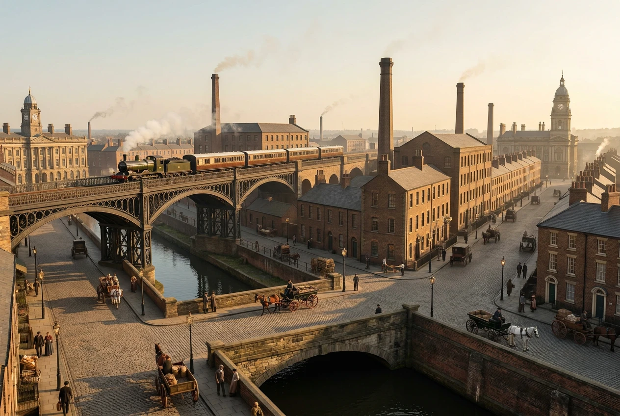 A dense industrial city built up around steam-era factories