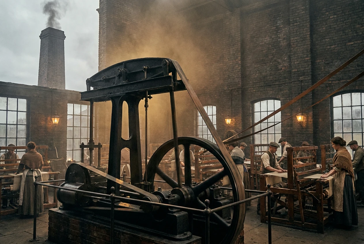 An early steam-powered factory with a tall chimney