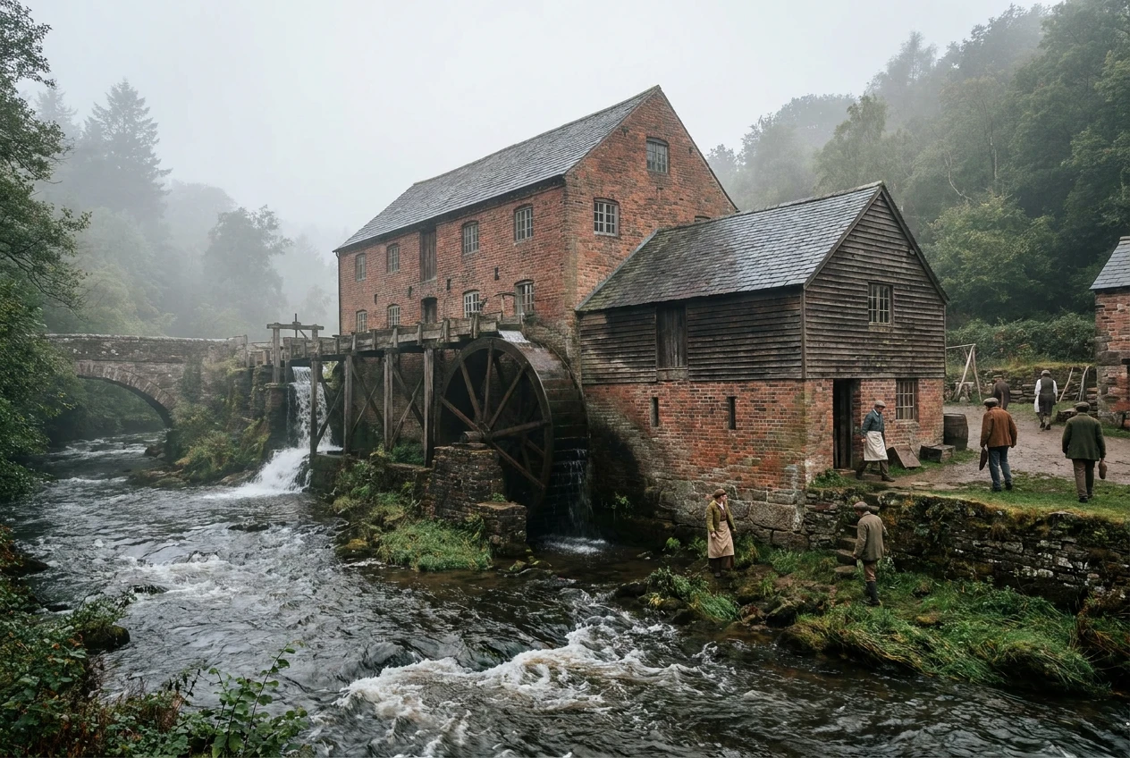 A pre-industrial manufactory powered by a water wheel beside a river