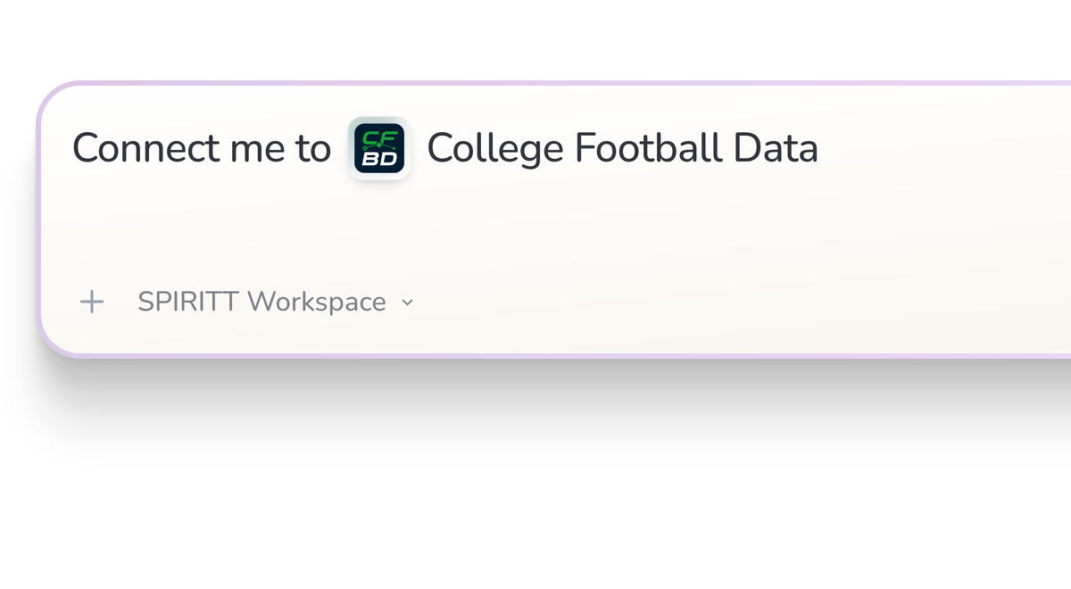 SPIRITT Workspace input reading Connect me to College Football Data, with the College Football Data icon in a compact app tile.
