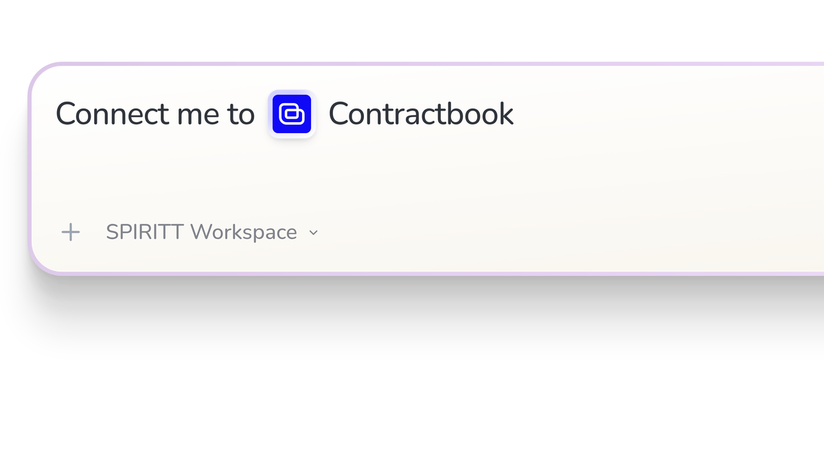 SPIRITT Workspace input reading Connect me to Contractbook, with the Contractbook icon in a compact app tile.