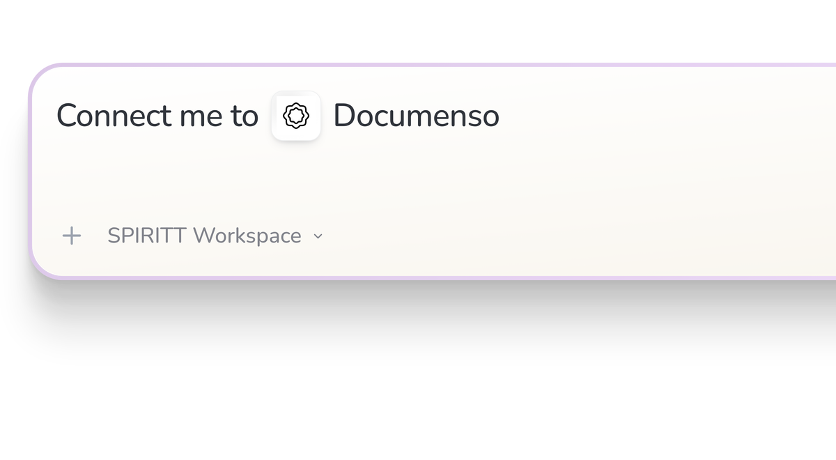 SPIRITT Workspace input reading Connect me to Documenso, with the Documenso icon in a compact app tile.