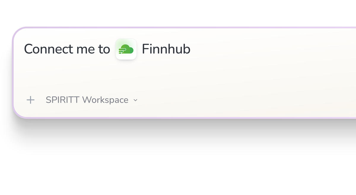 SPIRITT Workspace input reading Connect me to Finnhub, with the Finnhub icon in a compact app tile.
