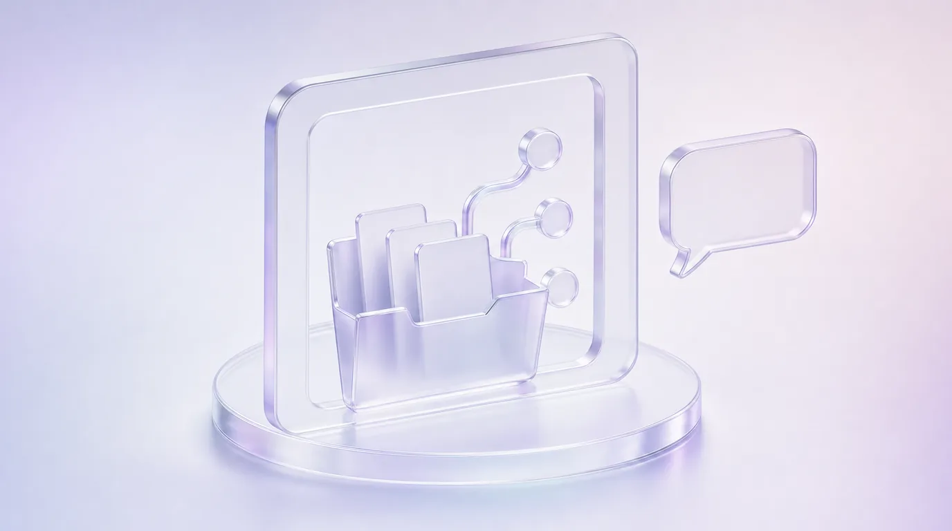 Open glass workspace frame with a repository folder, blank file sheets, branching nodes, and a speech bubble.