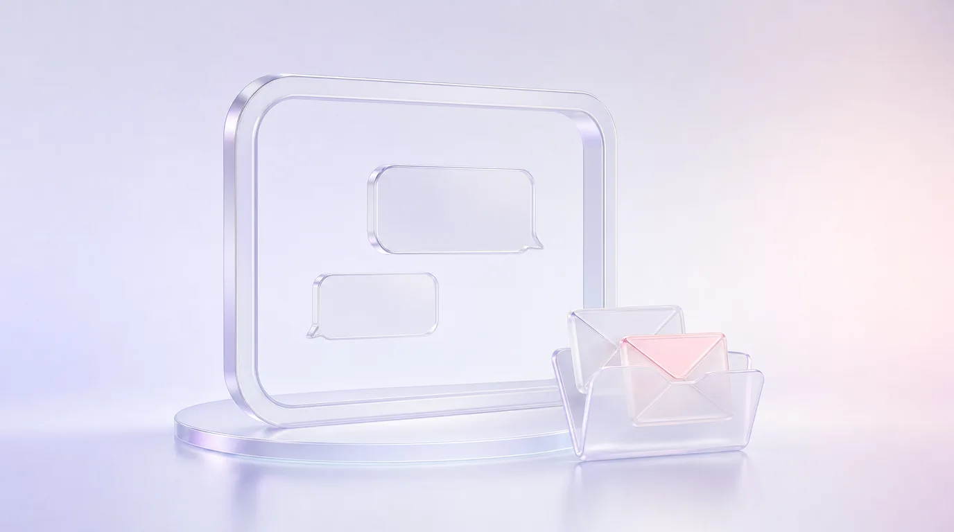 Open glass workspace frame with blank conversation bubbles and a folder holding envelopes.