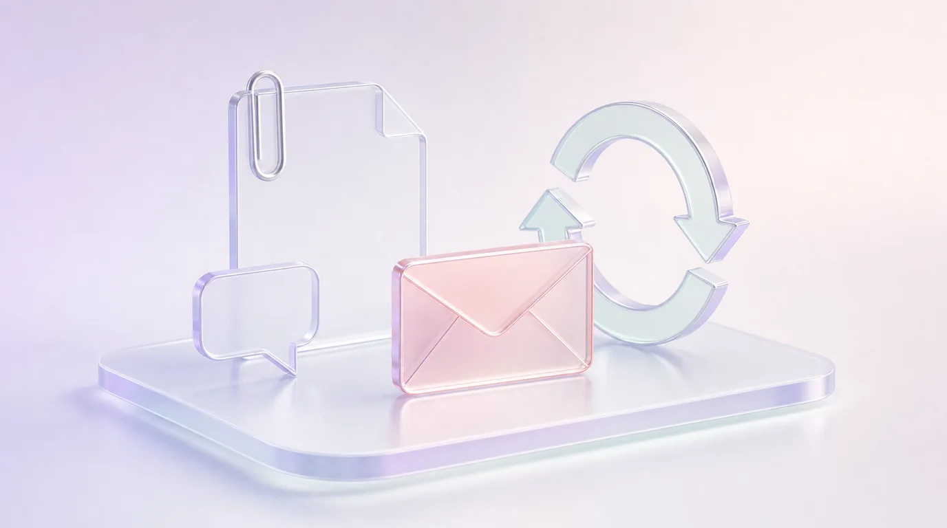 Glass letter with a paperclip, an envelope, a conversation bubble, and circular workflow arrows.