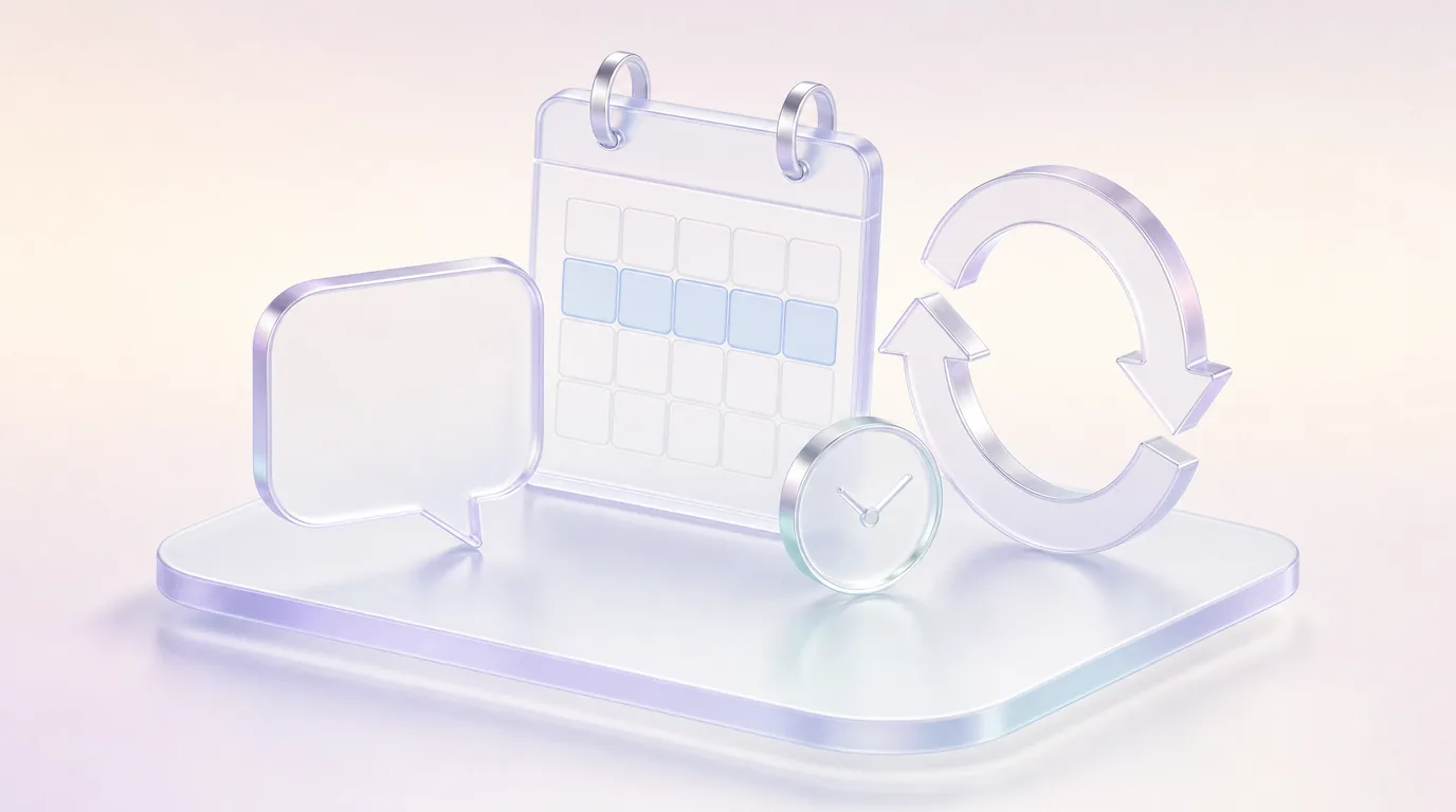 A blank speech bubble, desk calendar, clock, and circular arrows illustrate delegated schedule planning.