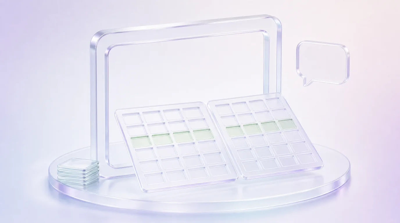 An open glass workspace frame around spreadsheet grids, with a blank conversation bubble.