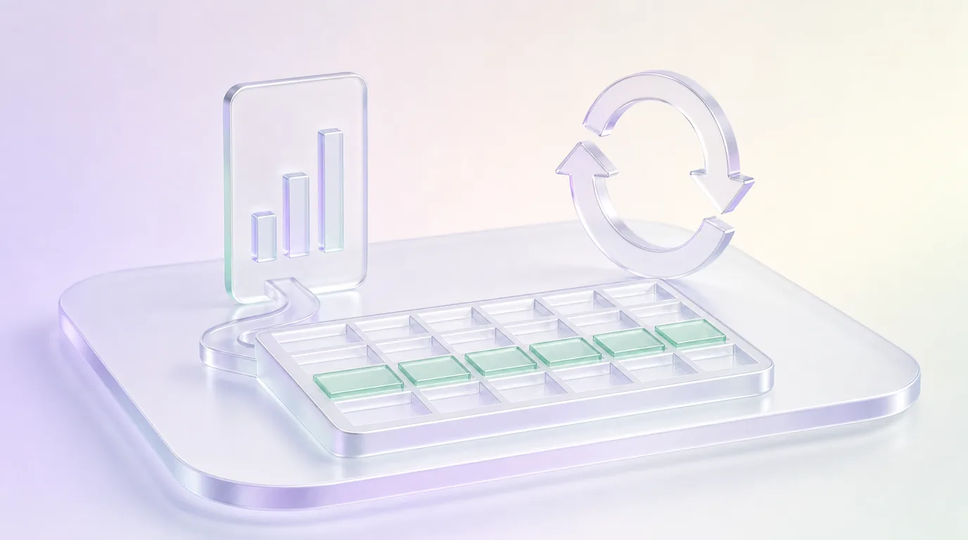 A glass spreadsheet tray beside a small bar chart and circular arrows for recurring reports.