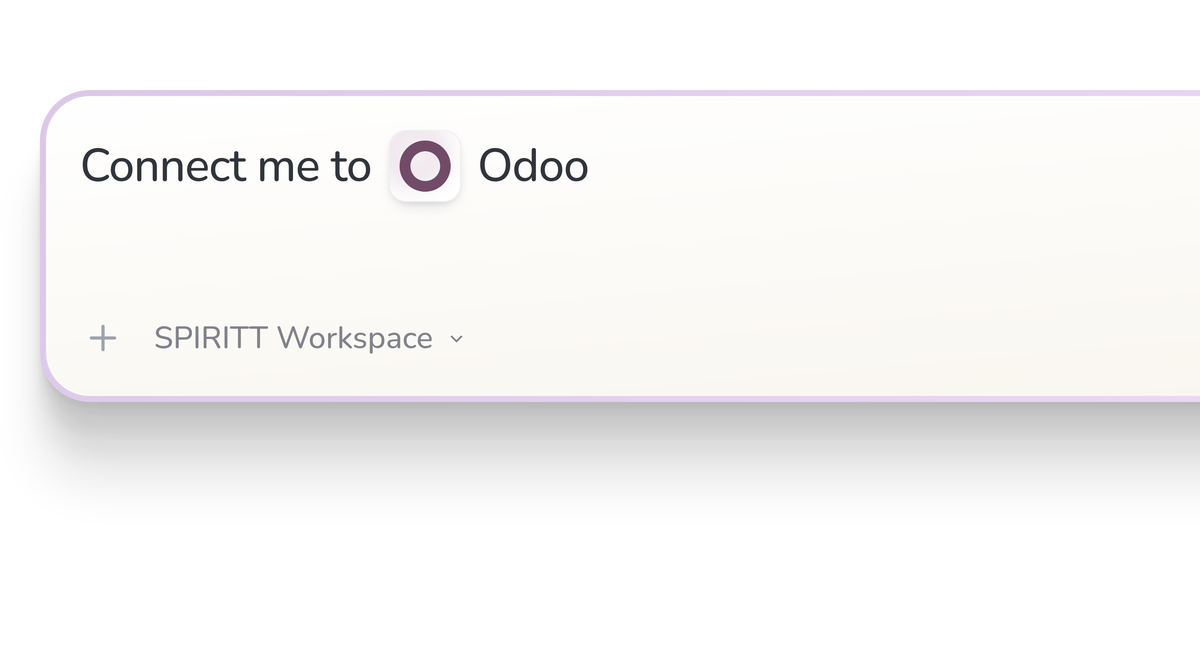SPIRITT Workspace input reading Connect me to Odoo, with the Odoo icon in a compact app tile.