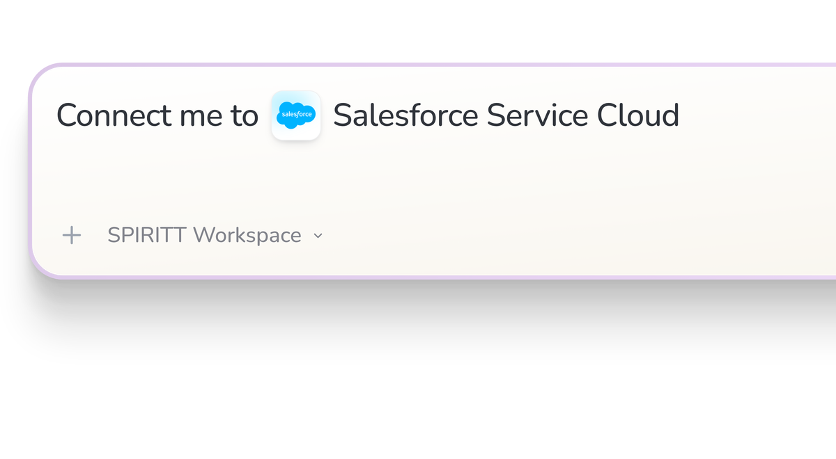 SPIRITT Workspace input reading Connect me to Salesforce Service Cloud, with the Salesforce Service Cloud icon in a compact app tile.