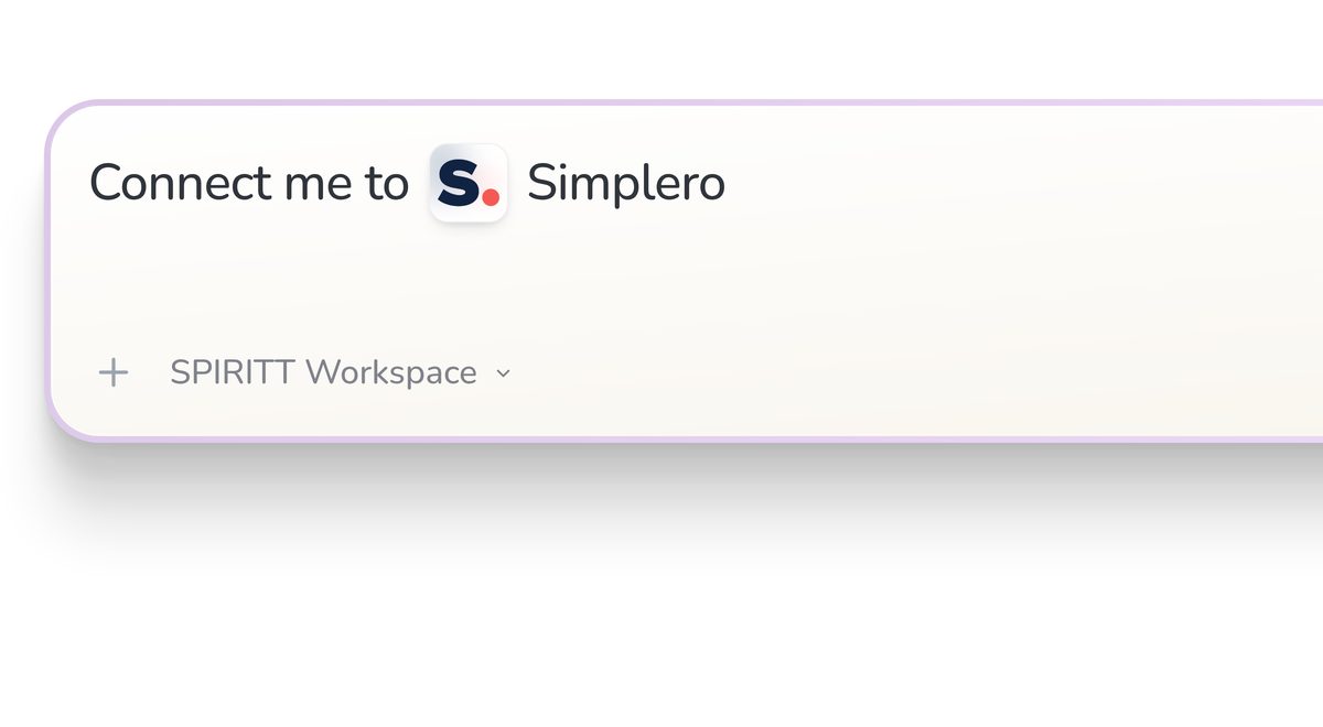 SPIRITT Workspace input reading Connect me to Simplero, with the Simplero icon in a compact app tile.