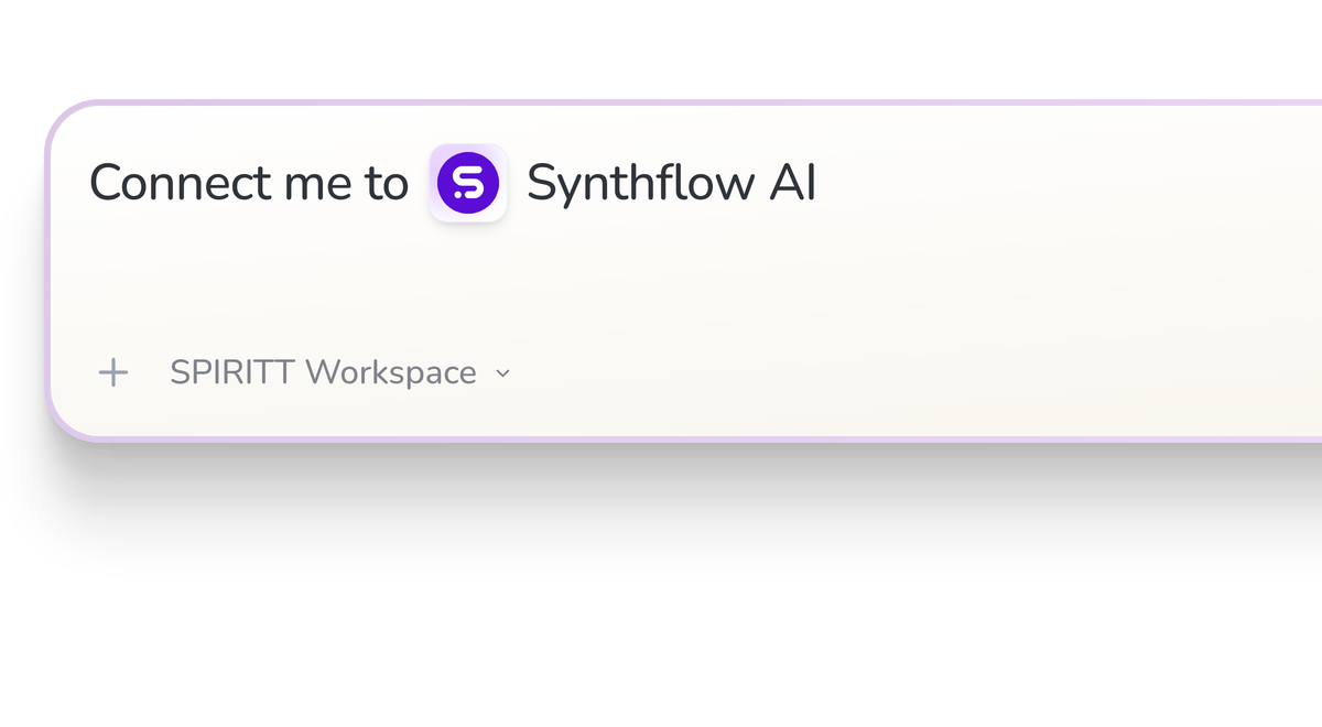 SPIRITT Workspace input reading Connect me to Synthflow AI, with the Synthflow AI icon in a compact app tile.