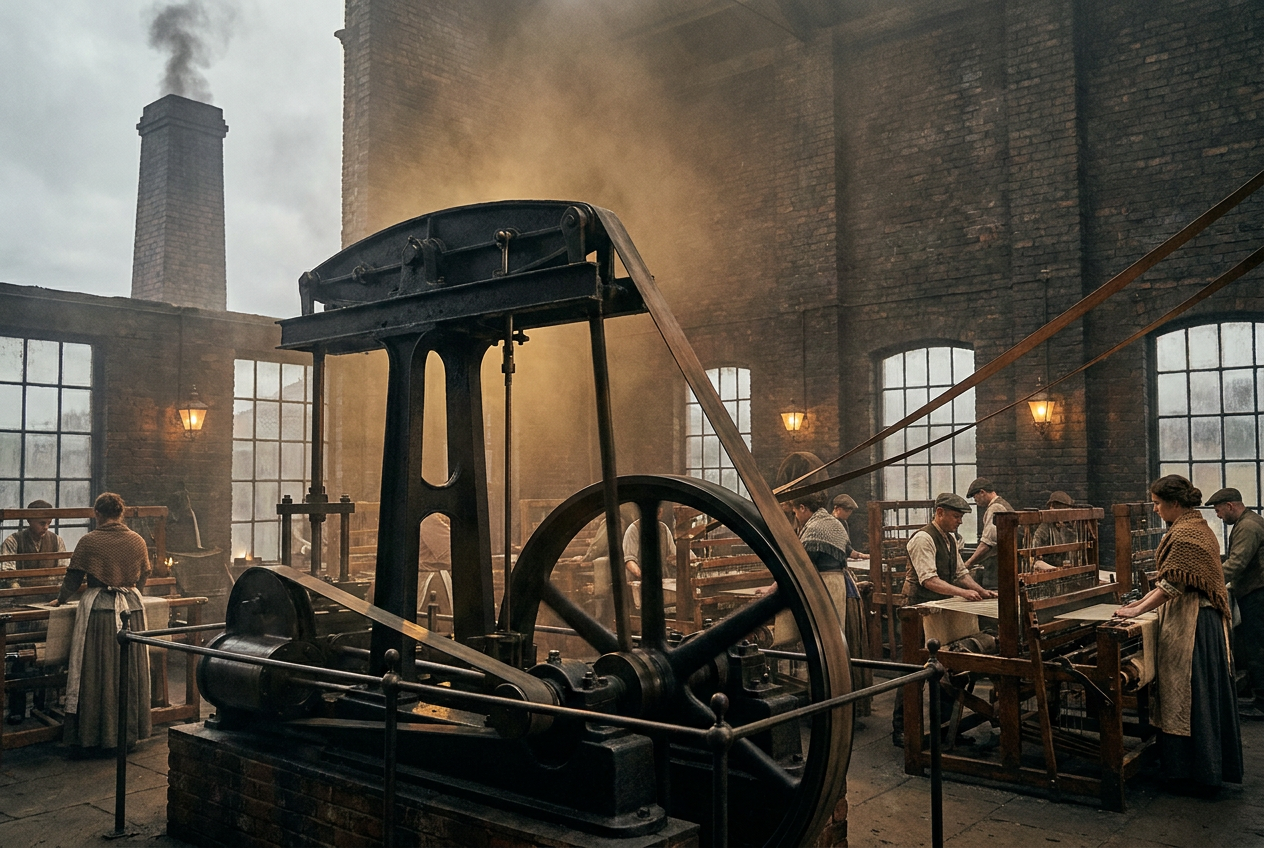 An early steam-powered factory with a tall chimney