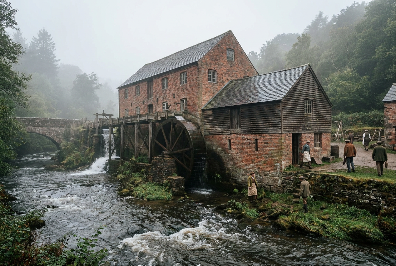 A pre-industrial manufactory powered by a water wheel beside a river