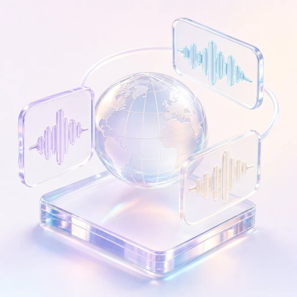 Glass globe surrounded by audio tracks for multilingual production