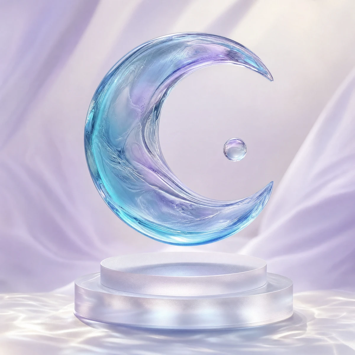 A lavender and icy-cyan glass crescent moon above a frosted plinth