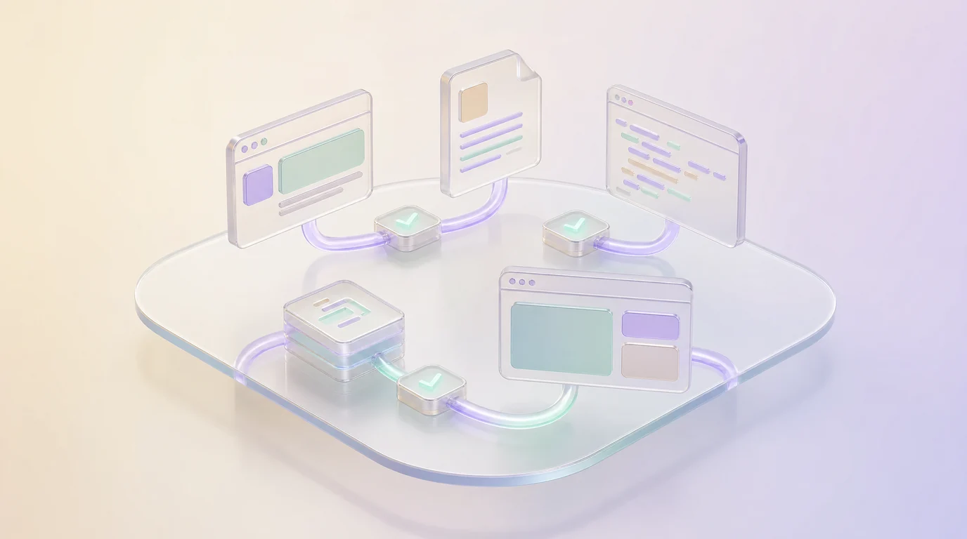 Connected frosted-glass work artifacts passing through verification checkpoints