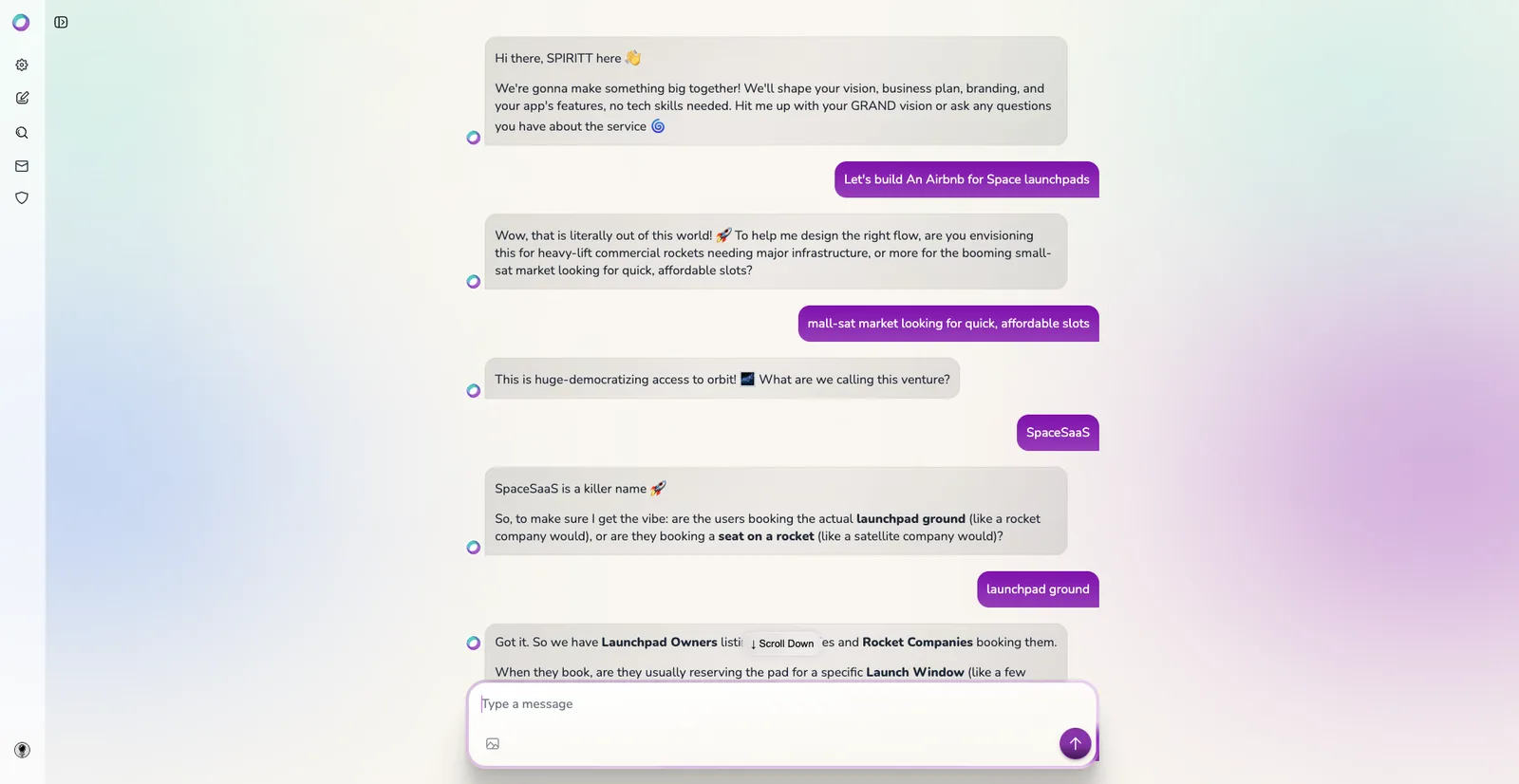 The SPIRITT sales agent scoping a venture live with a prospect in conversation