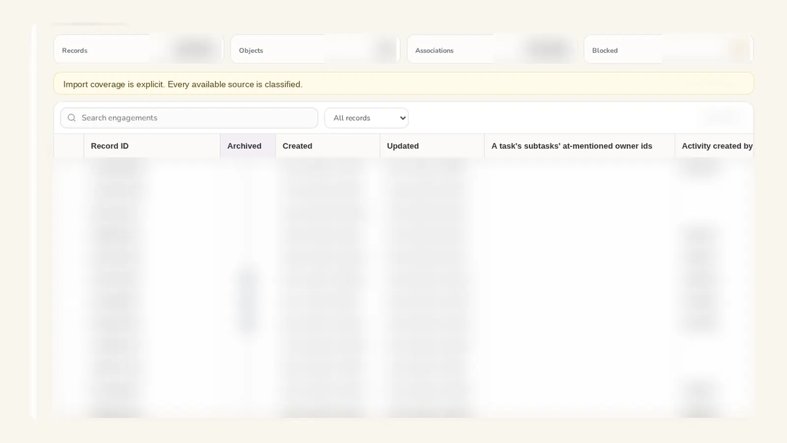 An anonymized view of SPIRITT's internal governed data vault. Workspace identity, source values, record counts, IDs, and timestamps are redacted.