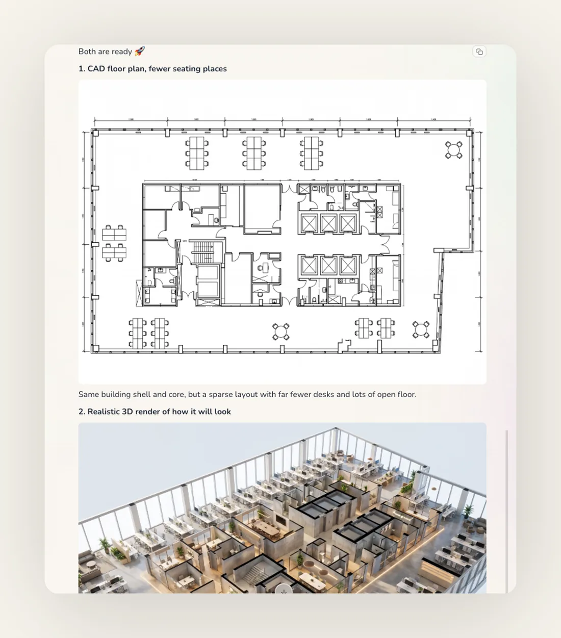 The agent returning a CAD floor plan and a realistic 3D render of the same office layout, in one chat