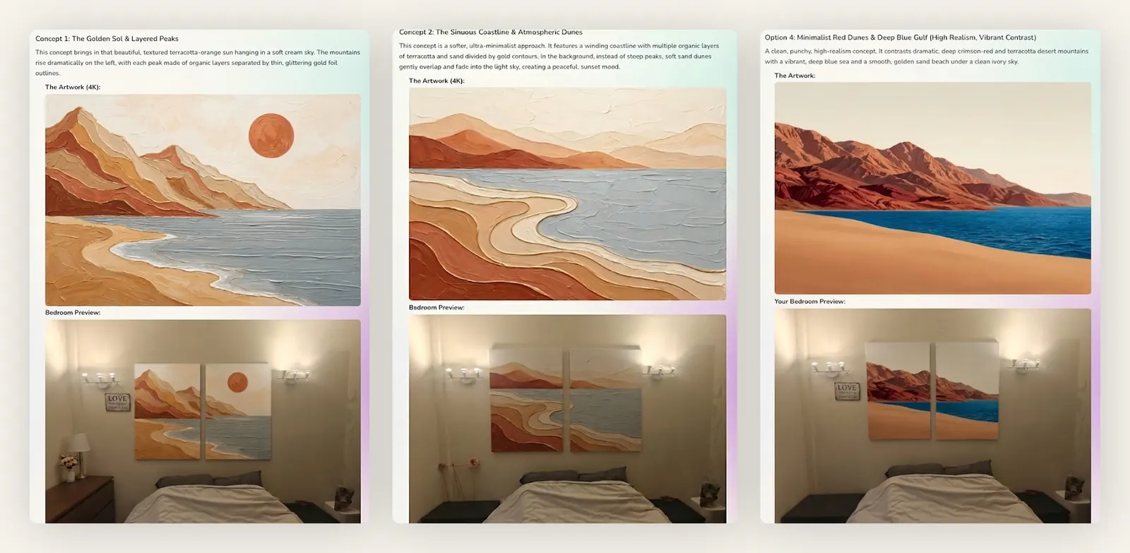 Three interior art concepts generated natively and previewed on the same real bedroom wall