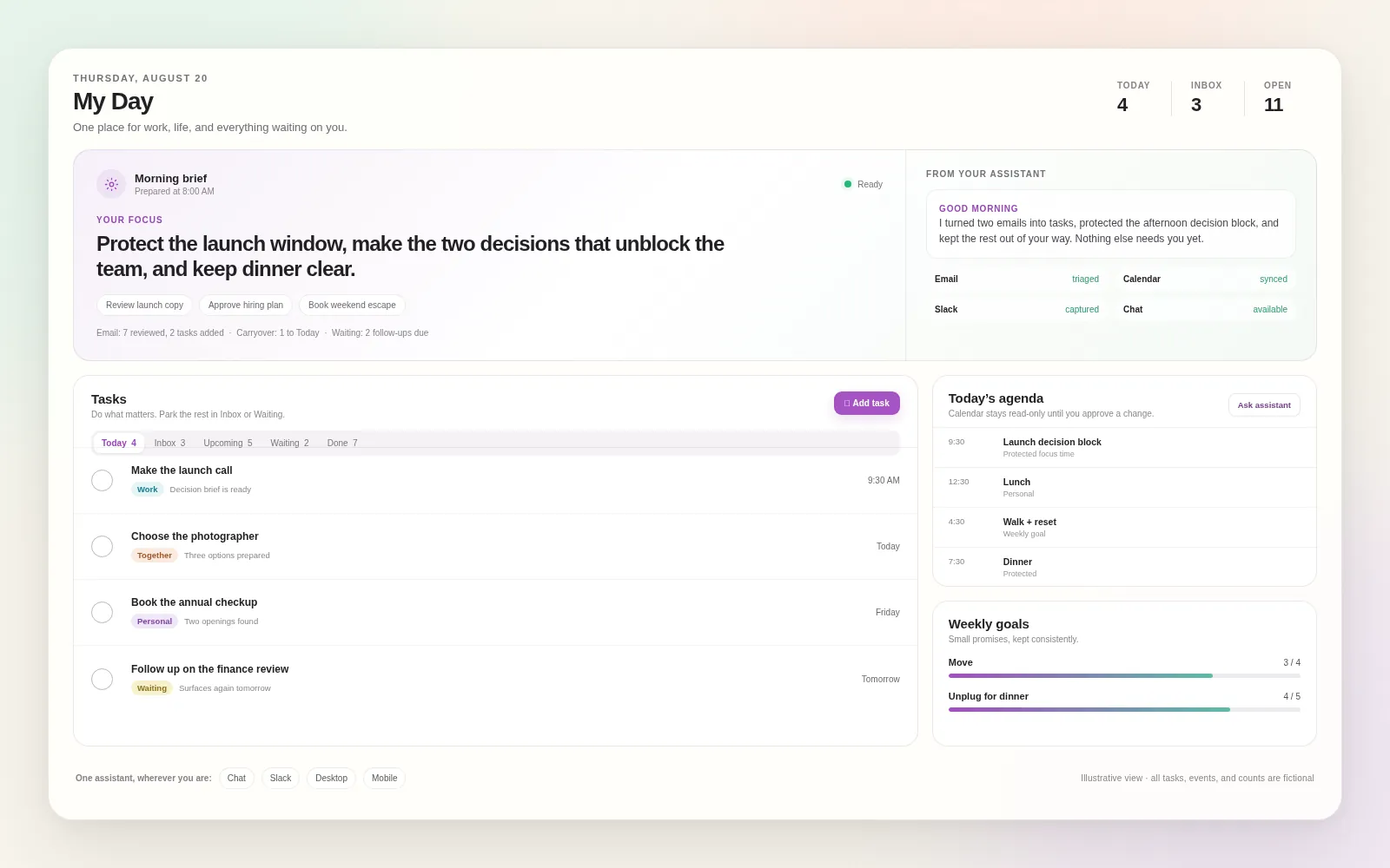 Illustrative My Day view with a morning brief, cross-domain tasks, calendar, weekly goals, and connected assistant surfaces