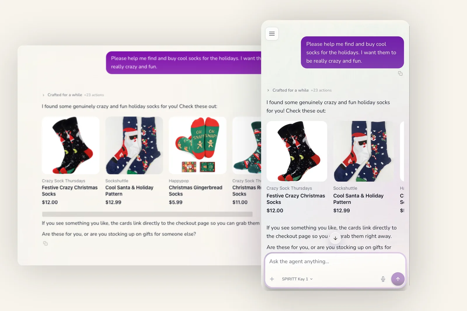 SPIRITT finding real products across the Shopify catalog and returning buyable product cards inside the chat, on desktop and mobile